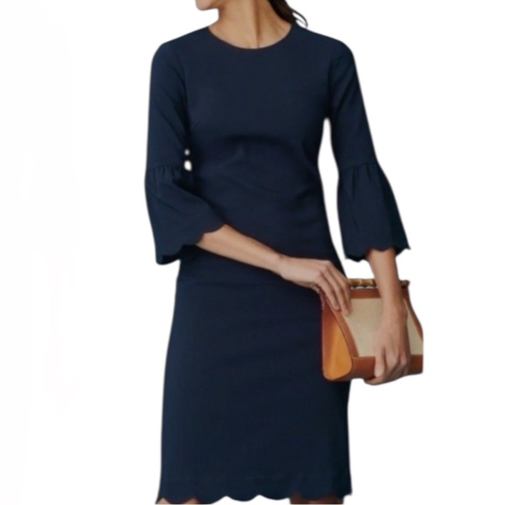 J. McLaughlin Elle Sheath Dress Blue Bell Sleeve Scalloped Hem Size 10